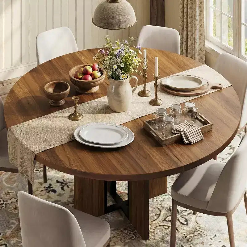 Mesa de comedor redonda extensible de 47-63 para 4-8 personas, mesa de cocina extensible de madera estilo rústico con estructura de metal, ovalada que ahorra espacio para apartamentos, gris retro