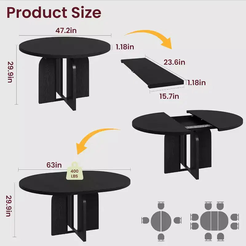 Mesa de comedor redonda extensible de 47-63 para 4-8 personas, mesa de cocina extensible de madera estilo rústico con estructura de metal, ovalada que ahorra espacio para apartamentos, gris retro