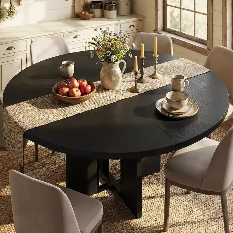 Mesa de comedor redonda extensible de 47-63 para 4-8 personas, mesa de cocina extensible de madera estilo rústico con estructura de metal, ovalada que ahorra espacio para apartamentos, gris retro