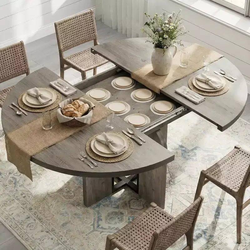 Mesa de comedor redonda extensible de 47-63 para 4-8 personas, mesa de cocina extensible de madera estilo rústico con estructura de metal, ovalada que ahorra espacio para apartamentos, gris retro