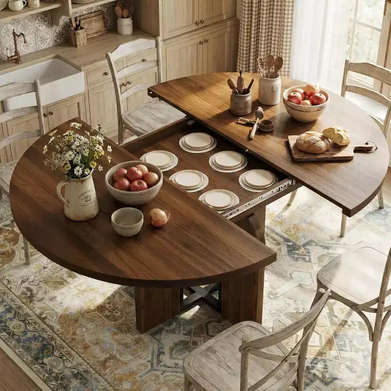 Mesa de comedor redonda extensible de 47-63 para 4-8 personas, mesa de cocina extensible de madera estilo rústico con estructura de metal, ovalada que ahorra espacio para apartamentos, gris retro