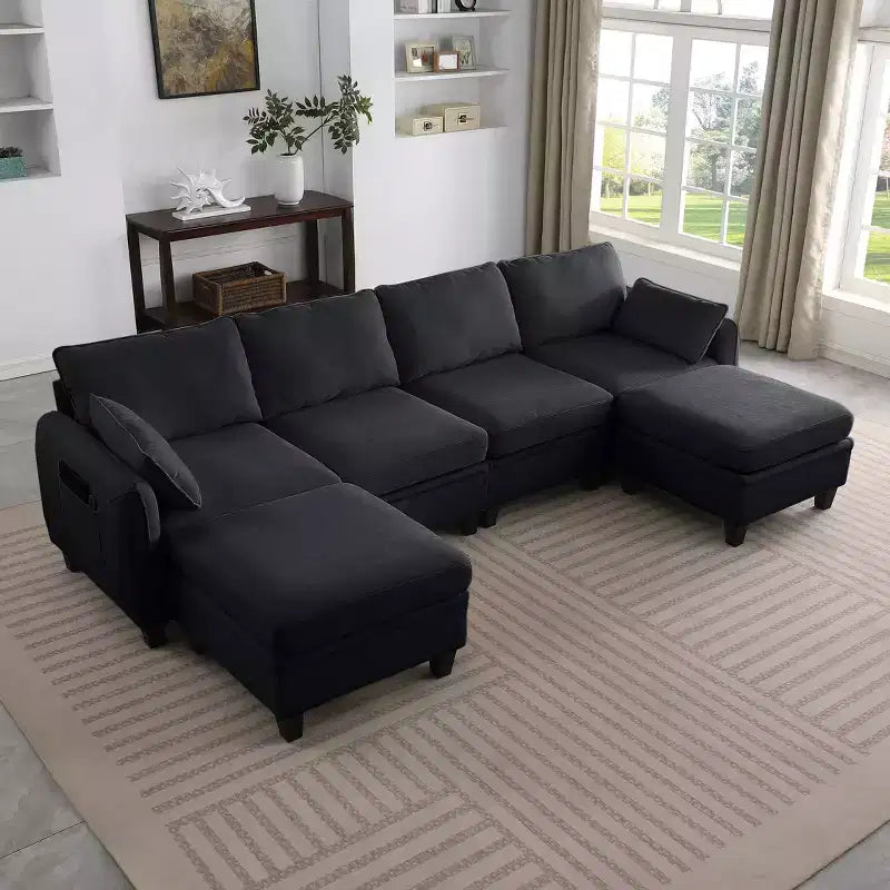 GDFStudio Lancelot 109 Inch Contemporary 6 Seat Chenille Upholstered U-Shaped Sectional Sofa with Storage Ottoman