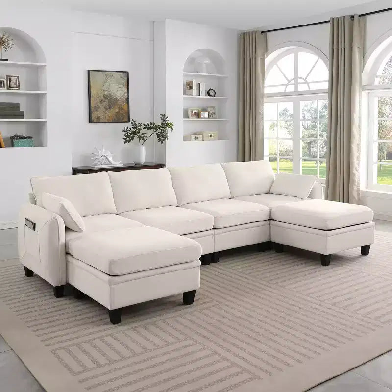 GDFStudio Lancelot 109 Inch Contemporary 6 Seat Chenille Upholstered U-Shaped Sectional Sofa with Storage Ottoman