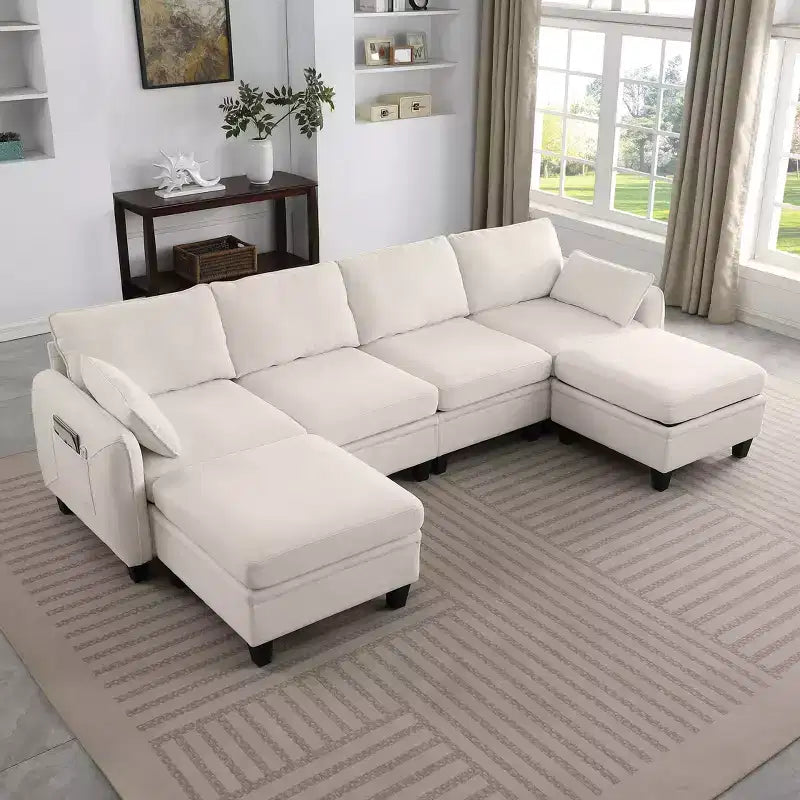 GDFStudio Lancelot 109 Inch Contemporary 6 Seat Chenille Upholstered U-Shaped Sectional Sofa with Storage Ottoman