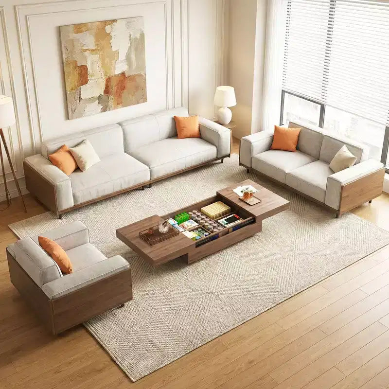 4-Piece Mid-Century Modern Living Room Set: Sofa, Loveseat, Lounge Chair & Expandable Storage Coffee Table (Washable Covers) Gaoyangjiaju