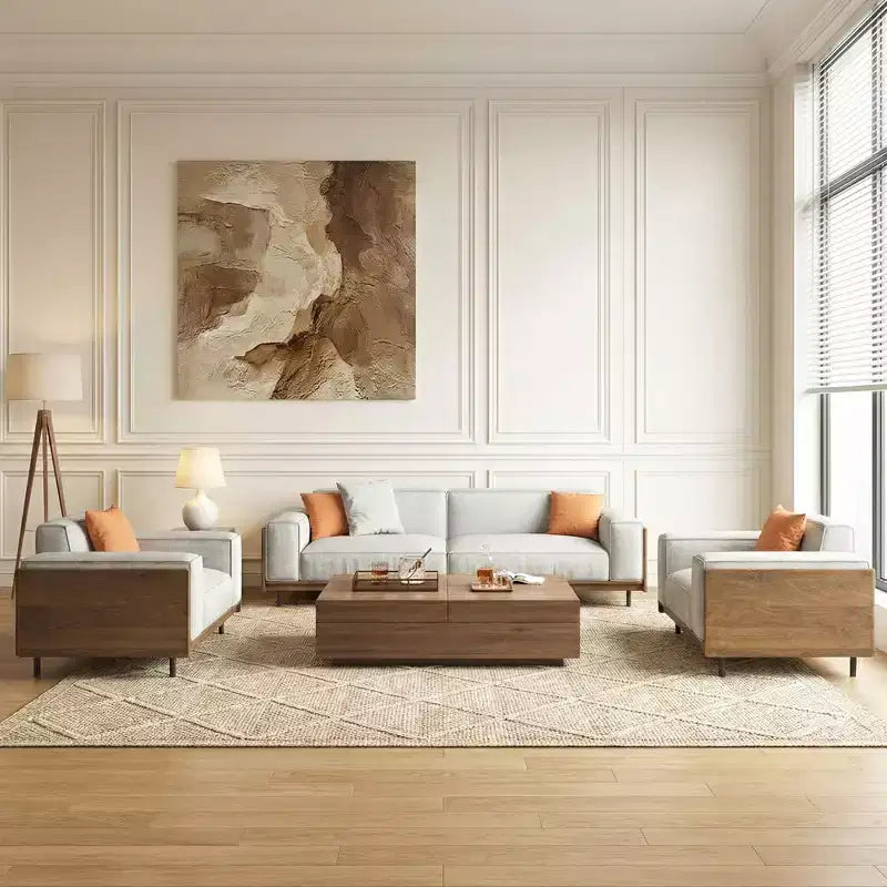 4-Piece Mid-Century Modern Living Room Set: Sofa, Loveseat, Lounge Chair & Expandable Storage Coffee Table (Washable Covers) Gaoyangjiaju
