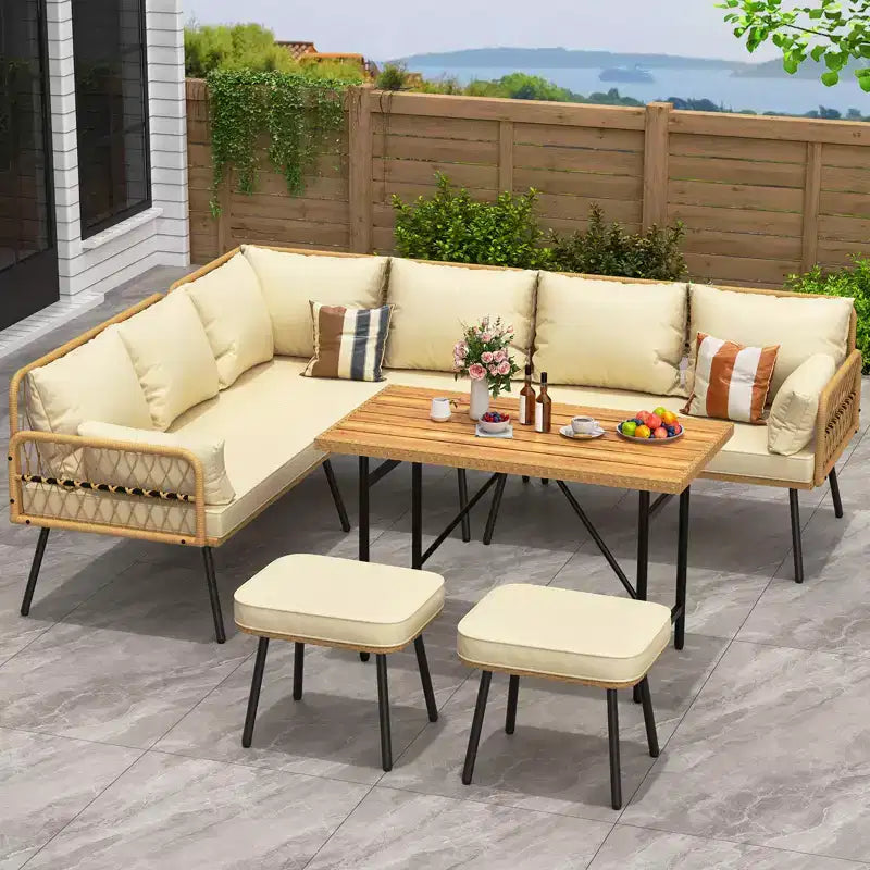 Juego de conversación para patio de mimbre de 6 piezas con mesa, juego de sofá seccional en forma de L para exteriores con cojines, juegos de sofá de conversación de ratán estilo bohemio para todo tipo de clima