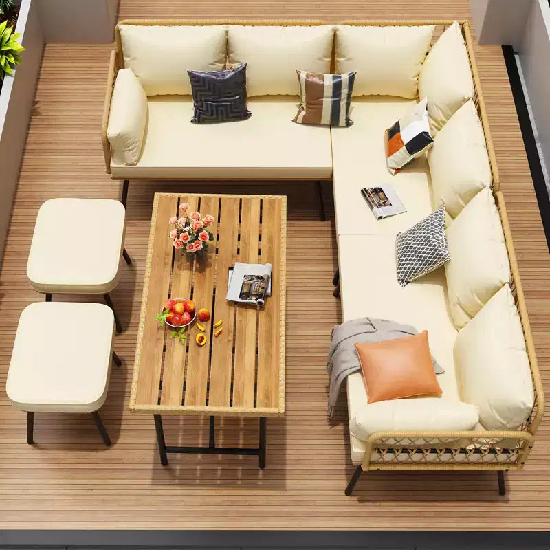 Juego de conversación para patio de mimbre de 6 piezas con mesa, juego de sofá seccional en forma de L para exteriores con cojines, juegos de sofá de conversación de ratán estilo bohemio para todo tipo de clima