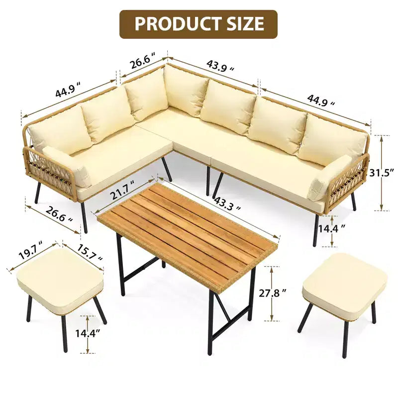 Juego de conversación para patio de mimbre de 6 piezas con mesa, juego de sofá seccional en forma de L para exteriores con cojines, juegos de sofá de conversación de ratán estilo bohemio para todo tipo de clima