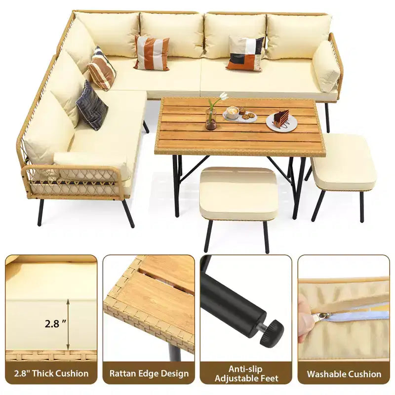 Juego de conversación para patio de mimbre de 6 piezas con mesa, juego de sofá seccional en forma de L para exteriores con cojines, juegos de sofá de conversación de ratán estilo bohemio para todo tipo de clima
