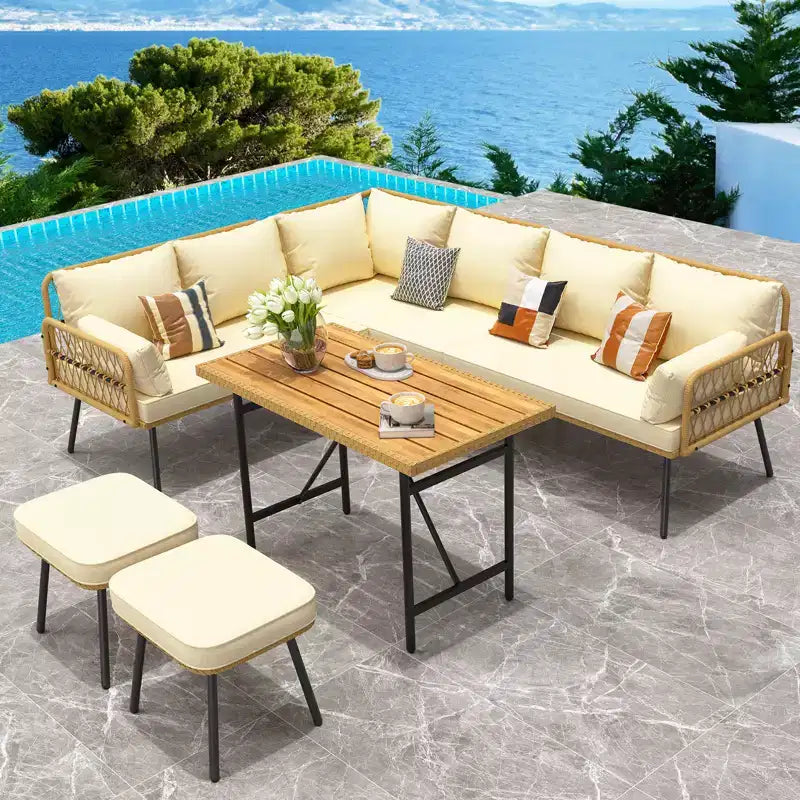 Juego de conversación para patio de mimbre de 6 piezas con mesa, juego de sofá seccional en forma de L para exteriores con cojines, juegos de sofá de conversación de ratán estilo bohemio para todo tipo de clima