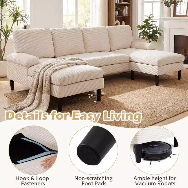 Costway Sectional Couch, U-shaped Sofa with Double Chaise, Padded Pillow Armrests for Home Beige/Green/Gray