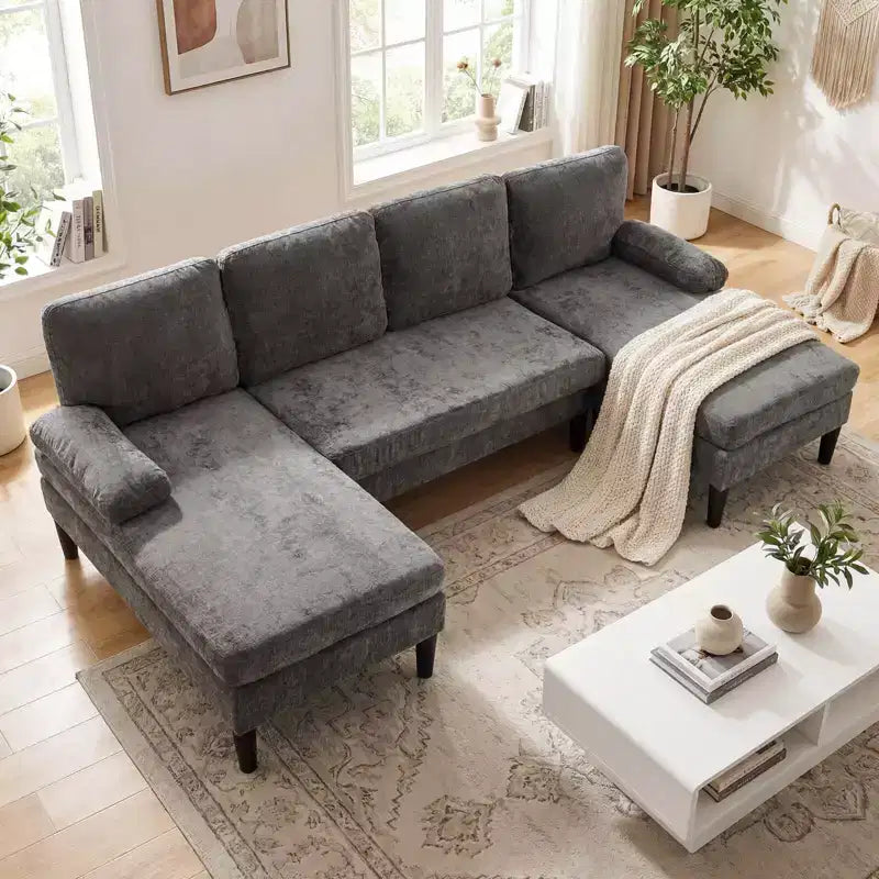 Costway Sectional Couch, U-shaped Sofa with Double Chaise, Padded Pillow Armrests for Home Beige/Green/Gray