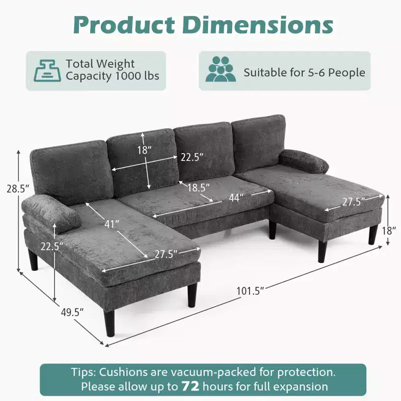 Costway Sectional Couch, U-shaped Sofa with Double Chaise, Padded Pillow Armrests for Home Beige/Green/Gray