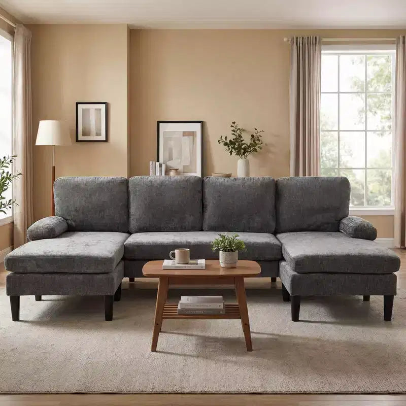 Costway Sectional Couch, U-shaped Sofa with Double Chaise, Padded Pillow Armrests for Home Beige/Green/Gray
