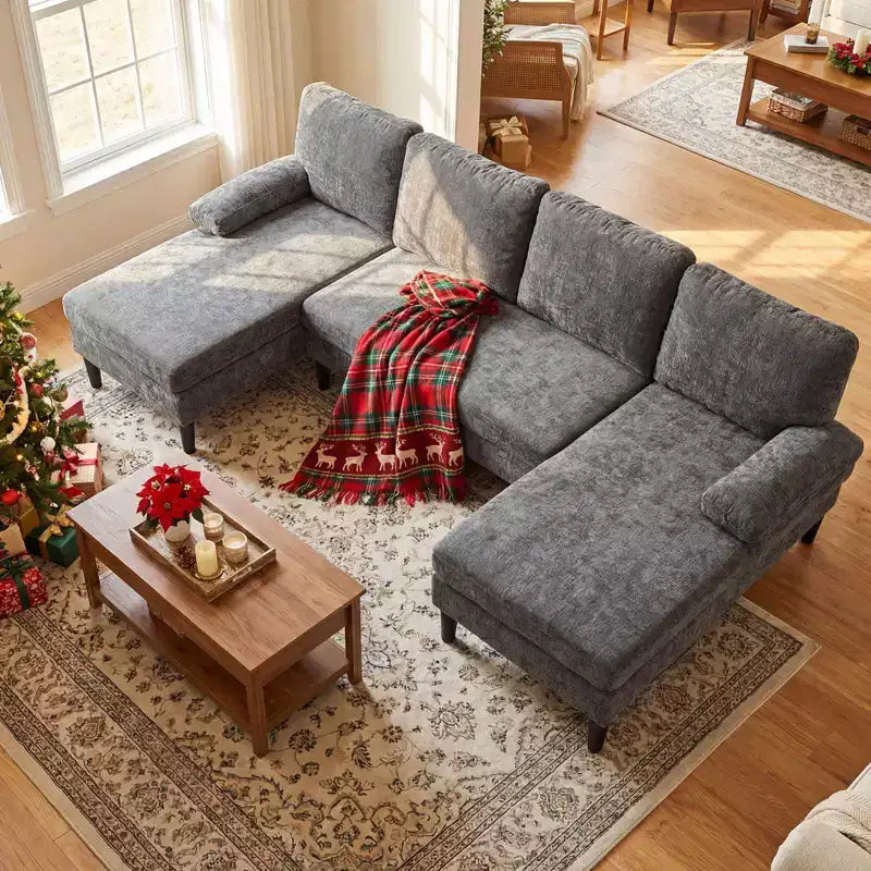 Costway Sectional Couch, U-shaped Sofa with Double Chaise, Padded Pillow Armrests for Home Beige/Green/Gray