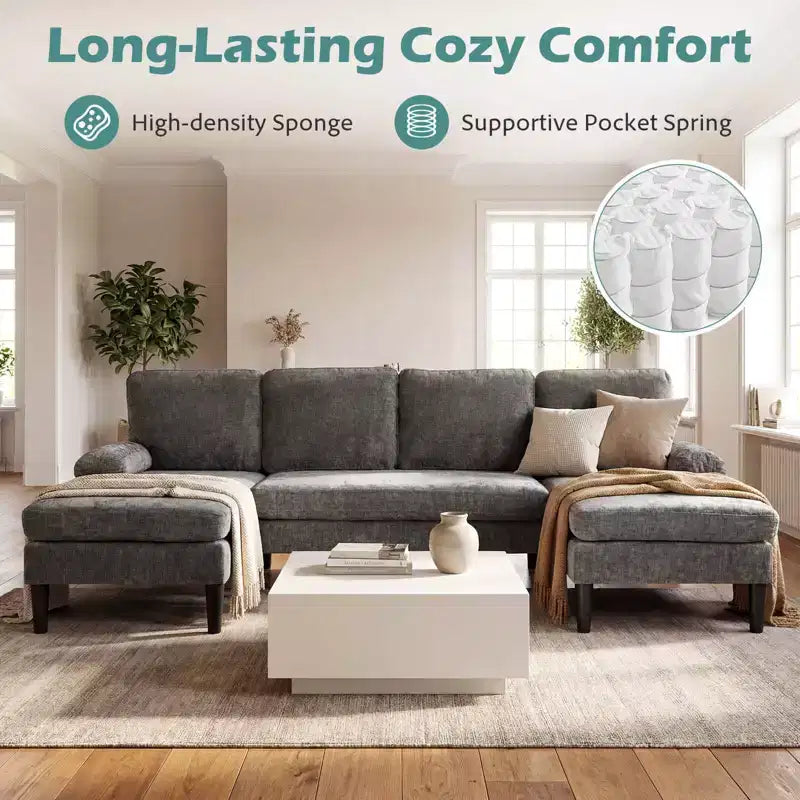 Costway Sectional Couch, U-shaped Sofa with Double Chaise, Padded Pillow Armrests for Home Beige/Green/Gray