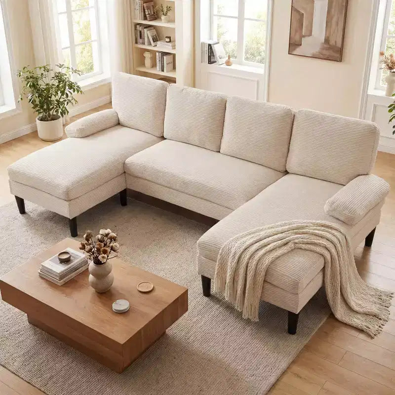 Costway Sectional Couch, U-shaped Sofa with Double Chaise, Padded Pillow Armrests for Home Beige/Green/Gray
