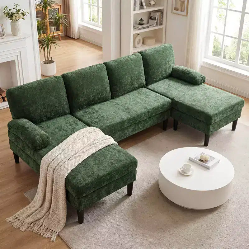Costway Sectional Couch, U-shaped Sofa with Double Chaise, Padded Pillow Armrests for Home Beige/Green/Gray