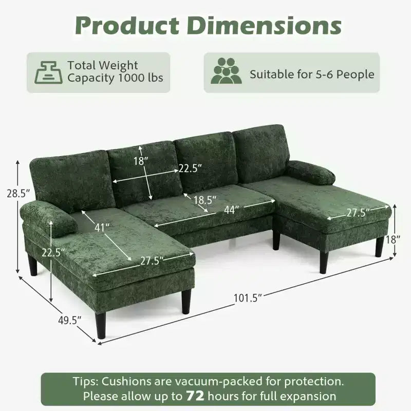 Costway Sectional Couch, U-shaped Sofa with Double Chaise, Padded Pillow Armrests for Home Beige/Green/Gray