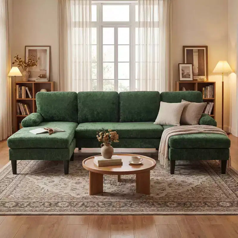 Costway Sectional Couch, U-shaped Sofa with Double Chaise, Padded Pillow Armrests for Home Beige/Green/Gray