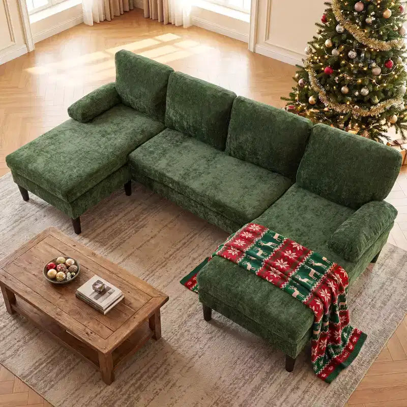 Costway Sectional Couch, U-shaped Sofa with Double Chaise, Padded Pillow Armrests for Home Beige/Green/Gray