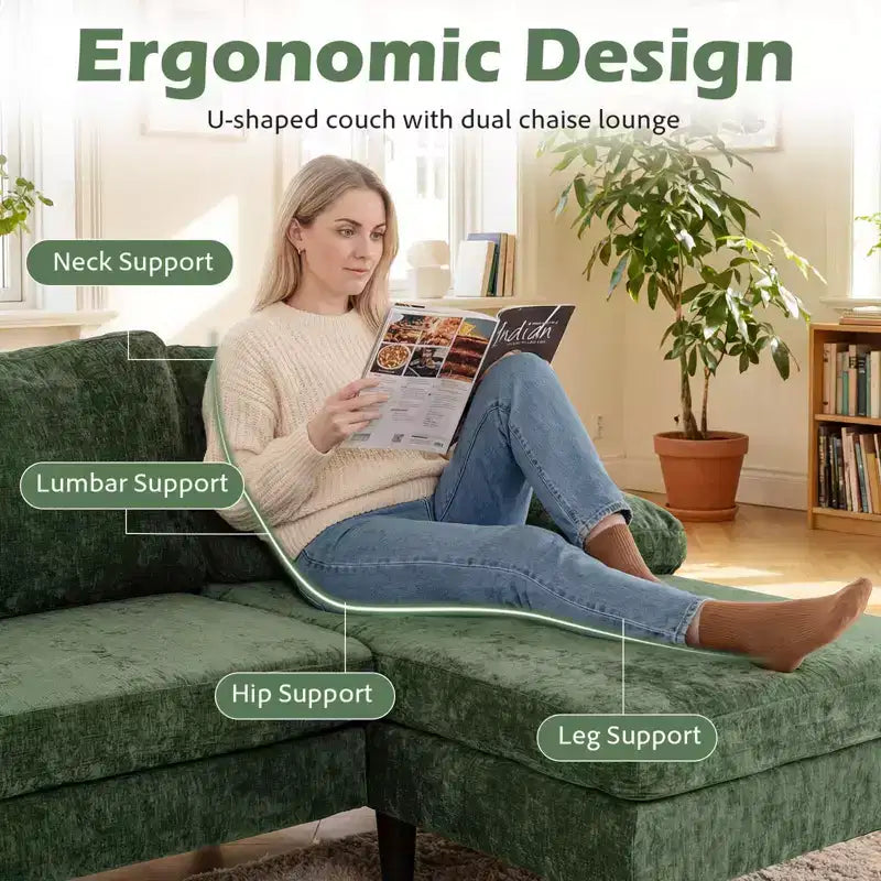 Costway Sectional Couch, U-shaped Sofa with Double Chaise, Padded Pillow Armrests for Home Beige/Green/Gray