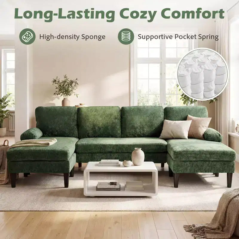 Costway Sectional Couch, U-shaped Sofa with Double Chaise, Padded Pillow Armrests for Home Beige/Green/Gray