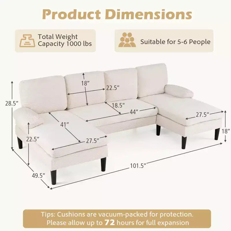 Costway Sectional Couch, U-shaped Sofa with Double Chaise, Padded Pillow Armrests for Home Beige/Green/Gray