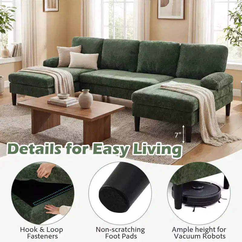 Costway Sectional Couch, U-shaped Sofa with Double Chaise, Padded Pillow Armrests for Home Beige/Green/Gray
