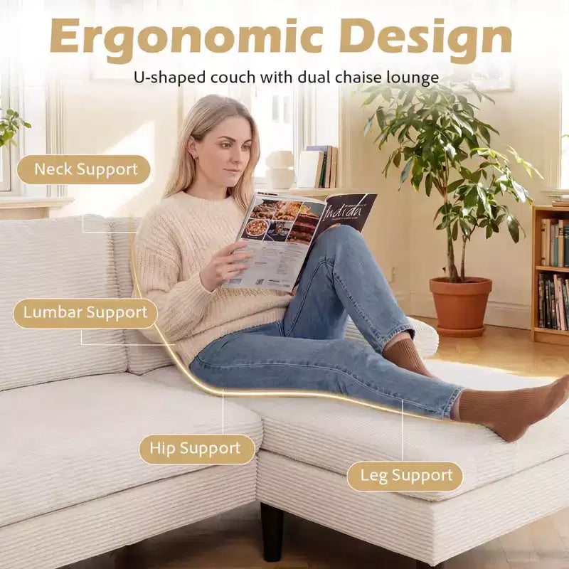 Costway Sectional Couch, U-shaped Sofa with Double Chaise, Padded Pillow Armrests for Home Beige/Green/Gray