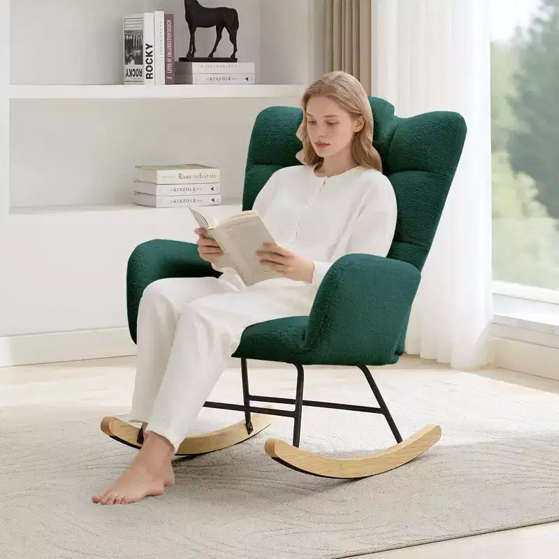High Back Stuffed Upholstered Rocking Chair for Living Room, Bedroom & Office  Comfortable Glider Accent Armchair  Soft Fleece Fabric  No Ottoman