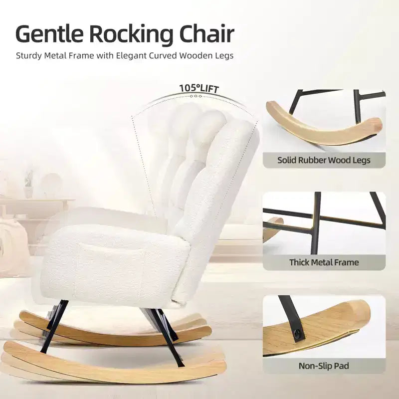 High Back Stuffed Upholstered Rocking Chair for Living Room, Bedroom & Office  Comfortable Glider Accent Armchair  Soft Fleece Fabric  No Ottoman