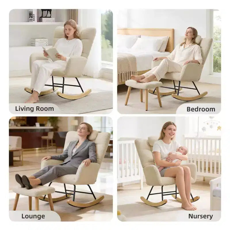 High Back Stuffed Upholstered Rocking Chair for Living Room, Bedroom & Office  Comfortable Glider Accent Armchair  Soft Fleece Fabric  No Ottoman