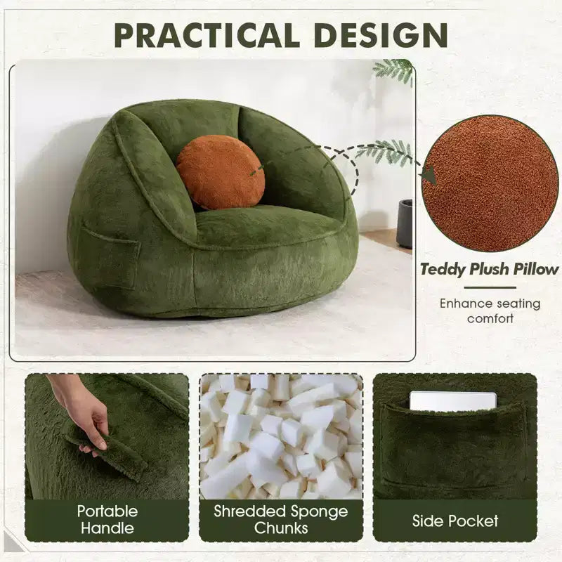 Hommpa Ergonomic Avocado Green Bean Bag Chair with Faux Fur & Memory Foam - Perfect Gift for Adults