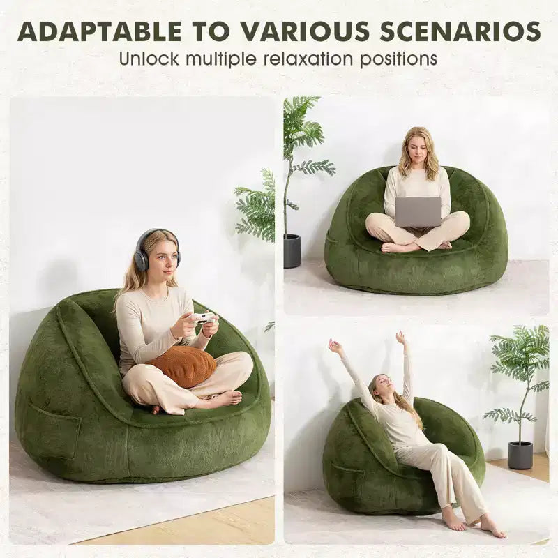 Hommpa Ergonomic Avocado Green Bean Bag Chair with Faux Fur & Memory Foam - Perfect Gift for Adults