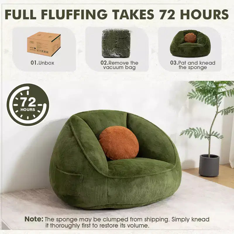 Hommpa Ergonomic Avocado Green Bean Bag Chair with Faux Fur & Memory Foam - Perfect Gift for Adults