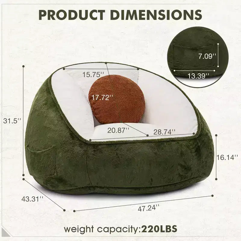Hommpa Ergonomic Avocado Green Bean Bag Chair with Faux Fur & Memory Foam - Perfect Gift for Adults