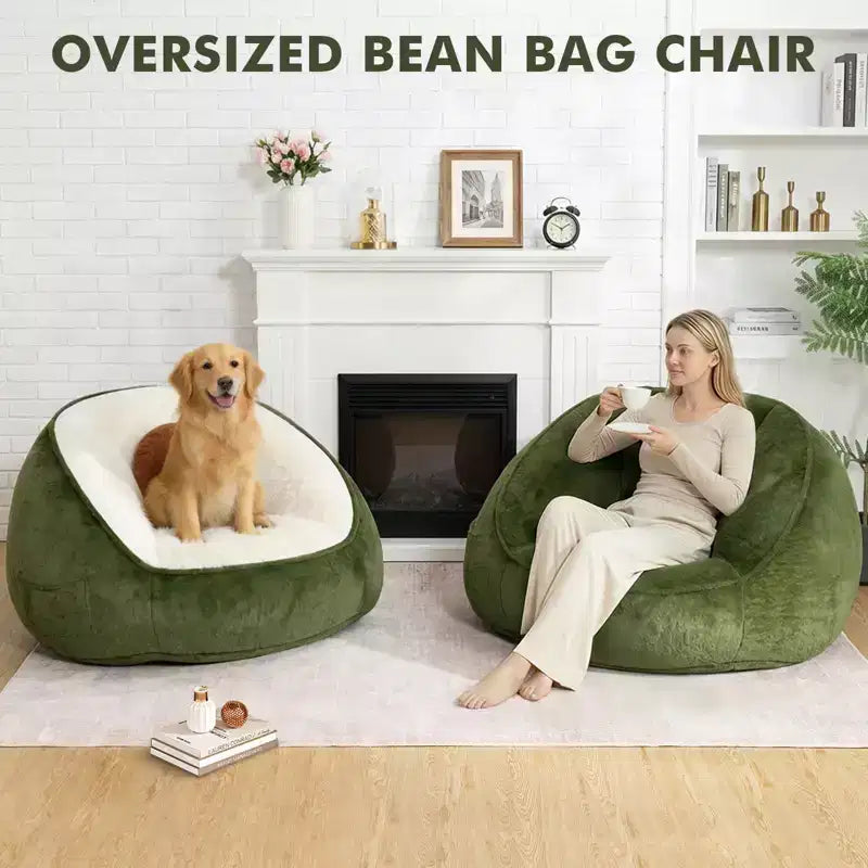 Hommpa Ergonomic Avocado Green Bean Bag Chair with Faux Fur & Memory Foam - Perfect Gift for Adults