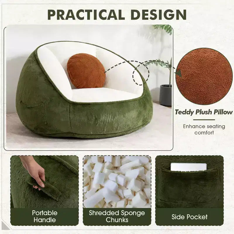 Hommpa Ergonomic Avocado Green Bean Bag Chair with Faux Fur & Memory Foam - Perfect Gift for Adults