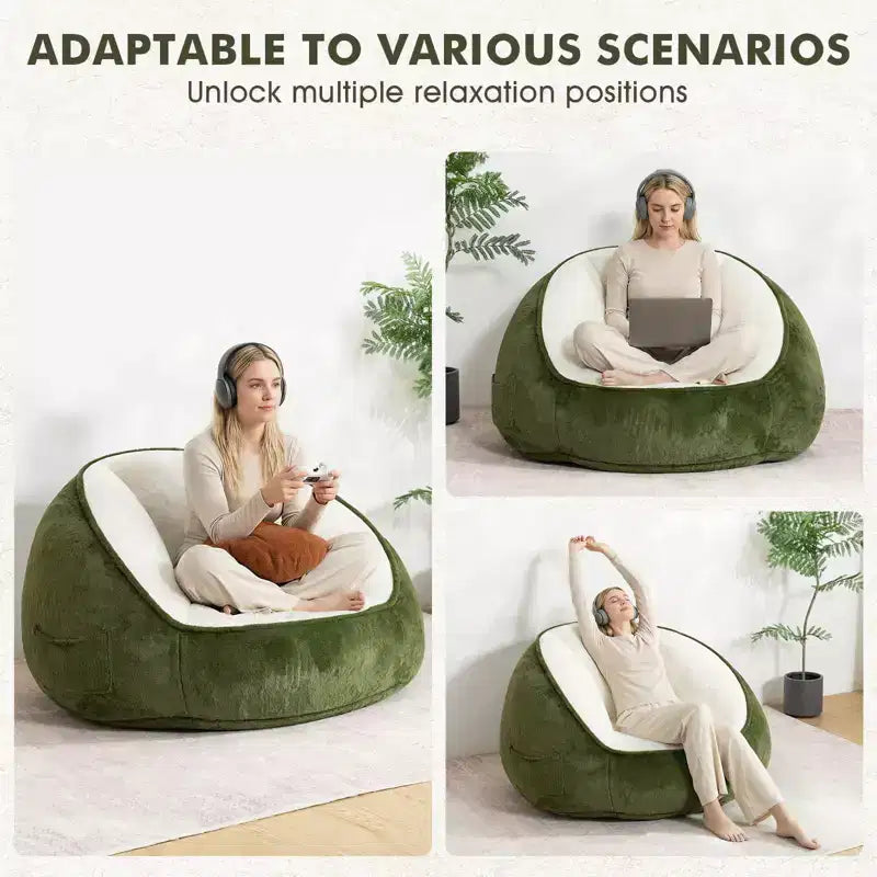 Hommpa Ergonomic Avocado Green Bean Bag Chair with Faux Fur & Memory Foam - Perfect Gift for Adults