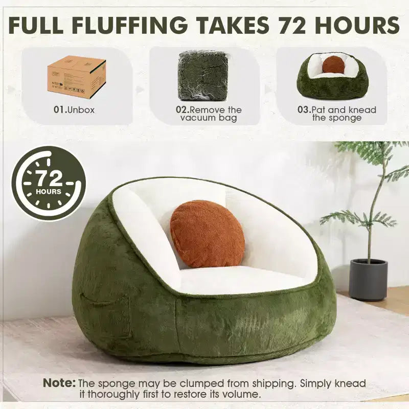 Hommpa Ergonomic Avocado Green Bean Bag Chair with Faux Fur & Memory Foam - Perfect Gift for Adults