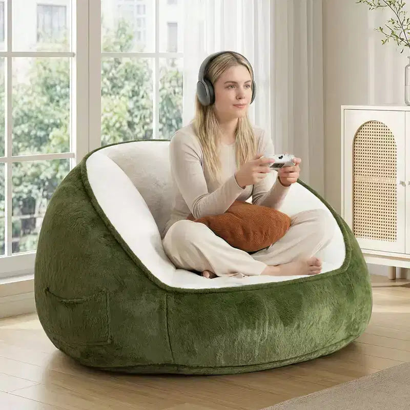 Hommpa Ergonomic Avocado Green Bean Bag Chair with Faux Fur & Memory Foam - Perfect Gift for Adults