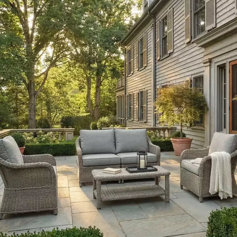 Sofá de dos plazas, 2 sillas, mesa de centro de mimbre de ratán para patio para todo tipo de clima Martha Stewart - Gris desgastado