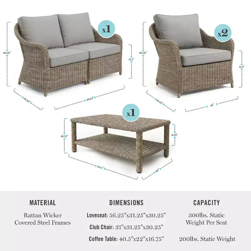 Sofá de dos plazas, 2 sillas, mesa de centro de mimbre de ratán para patio para todo tipo de clima Martha Stewart - Gris desgastado
