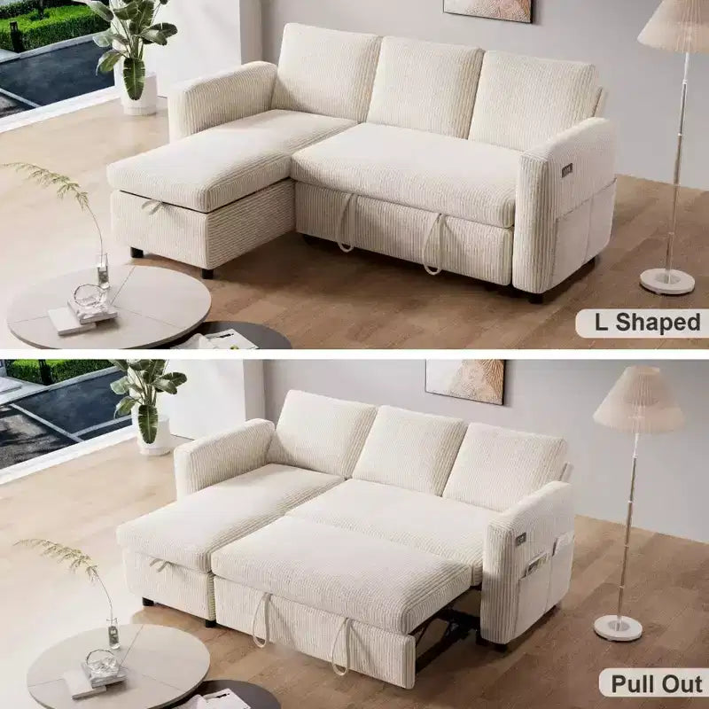 Dyonery 2 in 1 Pull Out Sleeper Sofa with Storage Chaise C Corduroy Sectional Couch with USB Ports for Living Room