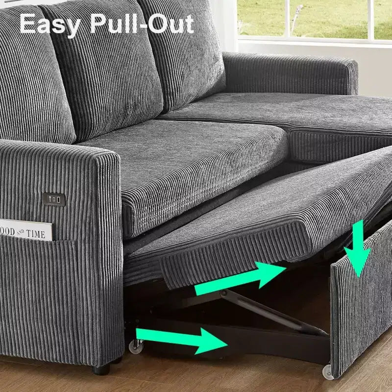Dyonery 2 in 1 Pull Out Sleeper Sofa with Storage Chaise C Corduroy Sectional Couch with USB Ports for Living Room