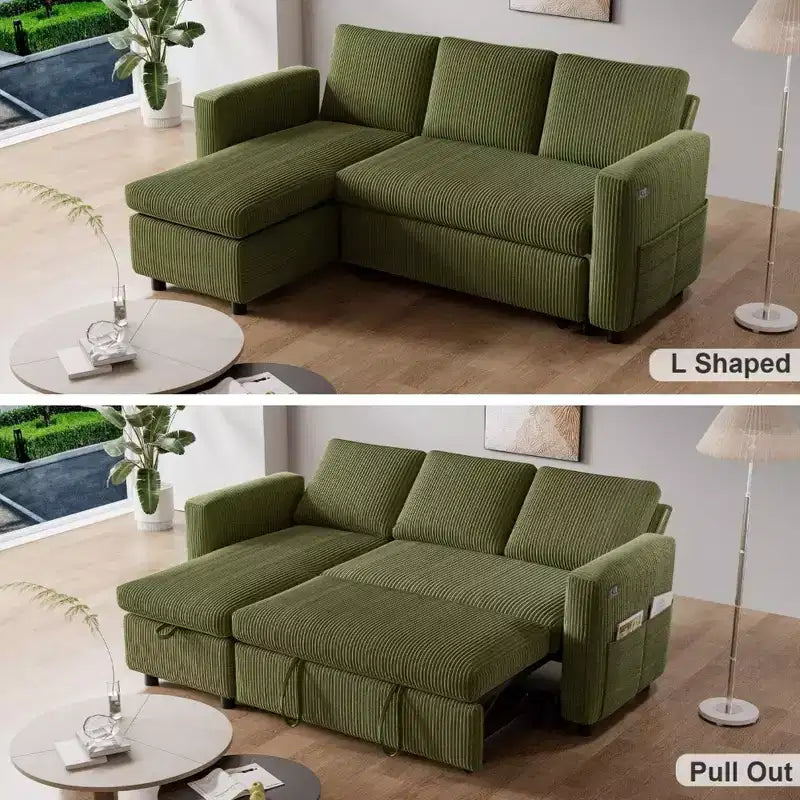 Dyonery 2 in 1 Pull Out Sleeper Sofa with Storage Chaise C Corduroy Sectional Couch with USB Ports for Living Room