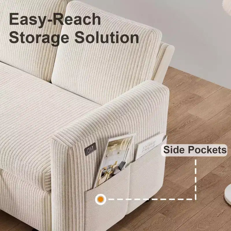 Dyonery 2 in 1 Pull Out Sleeper Sofa with Storage Chaise C Corduroy Sectional Couch with USB Ports for Living Room
