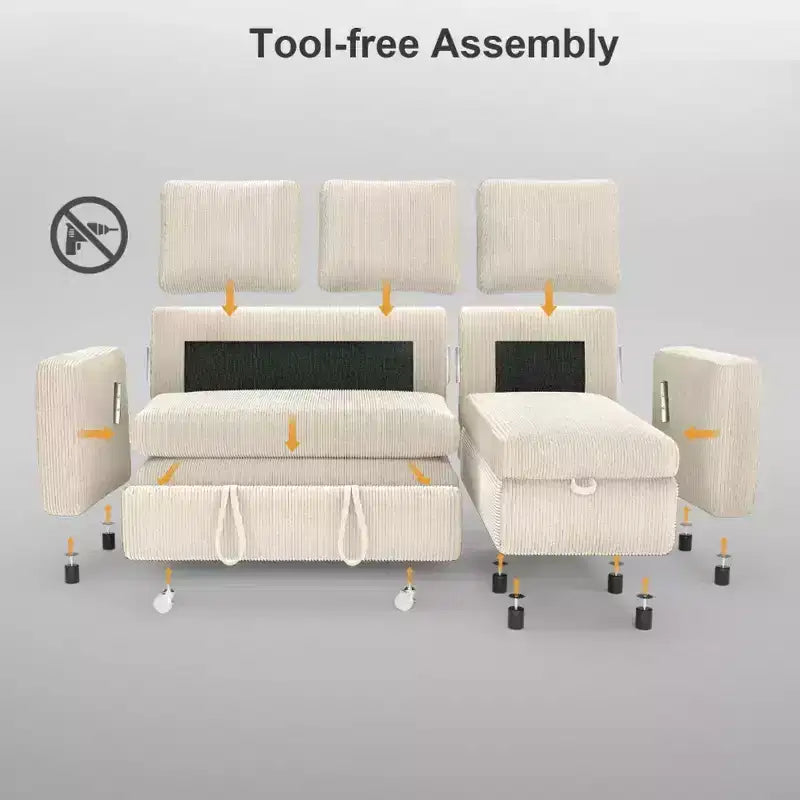 Dyonery 2 in 1 Pull Out Sleeper Sofa with Storage Chaise C Corduroy Sectional Couch with USB Ports for Living Room